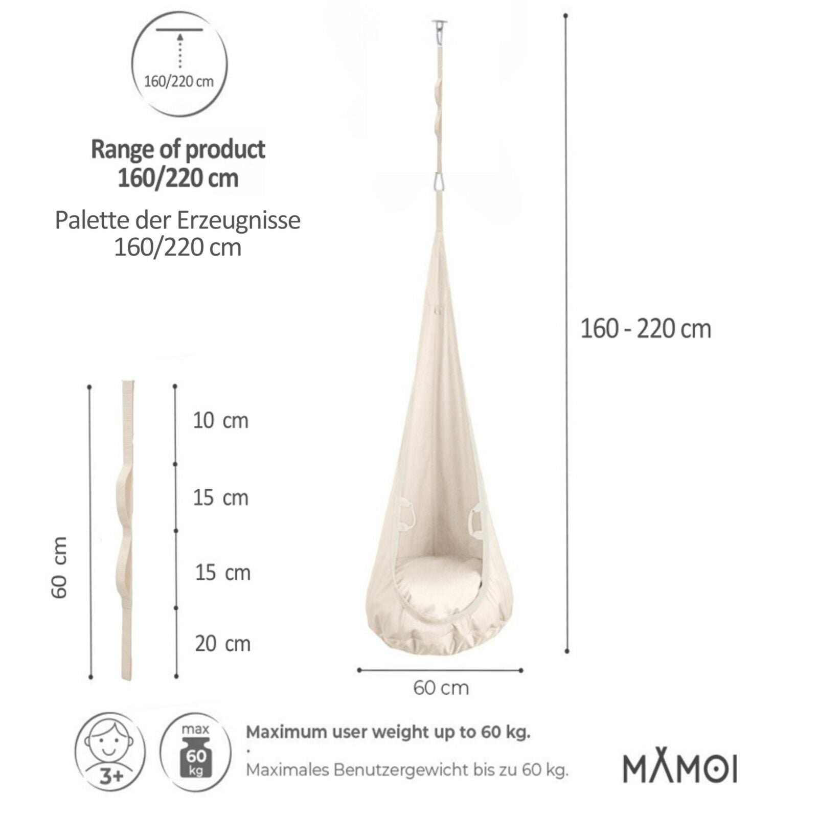 MAMOI® Huśtawka worek wiszący dla dzieci | Huśtawka kokon dla dzieci z bawełny | Krzesło wiszące dla dzieci z materiałowymi uchwytami | Huśtawka dla dzieci do domu | 100% ECO | Wyprodukowano w UE-1